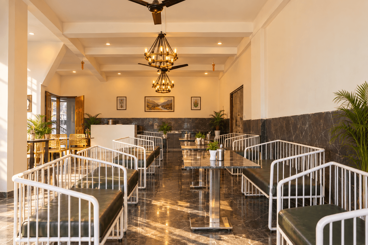 Palace Courtyard Restaurant with Marble Tables and Green Seating